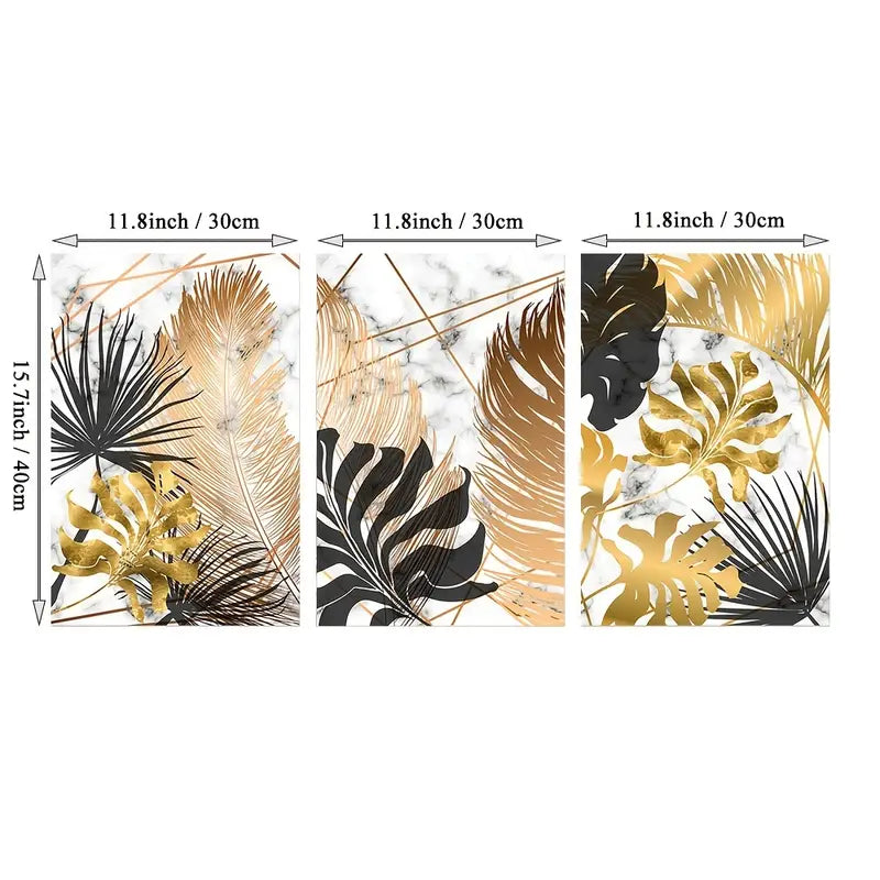 3pcs Frameless Nordic Golden Leaf Canvas Art Set