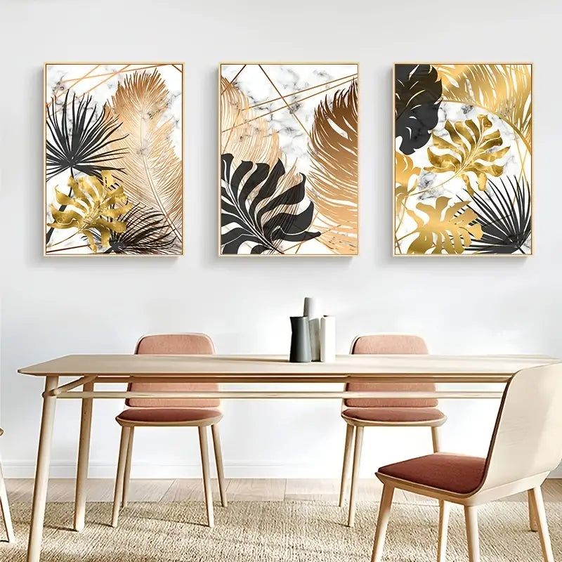 3pcs Frameless Nordic Golden Leaf Canvas Art Set