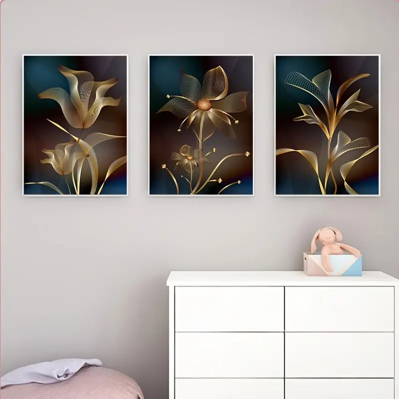 3pcs Set Abstract Black Golden Flower Canvas Art