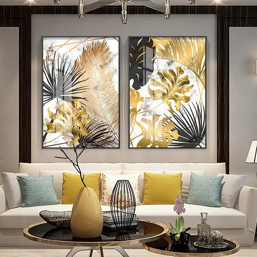 3pcs Frameless Nordic Golden Leaf Canvas Art Set