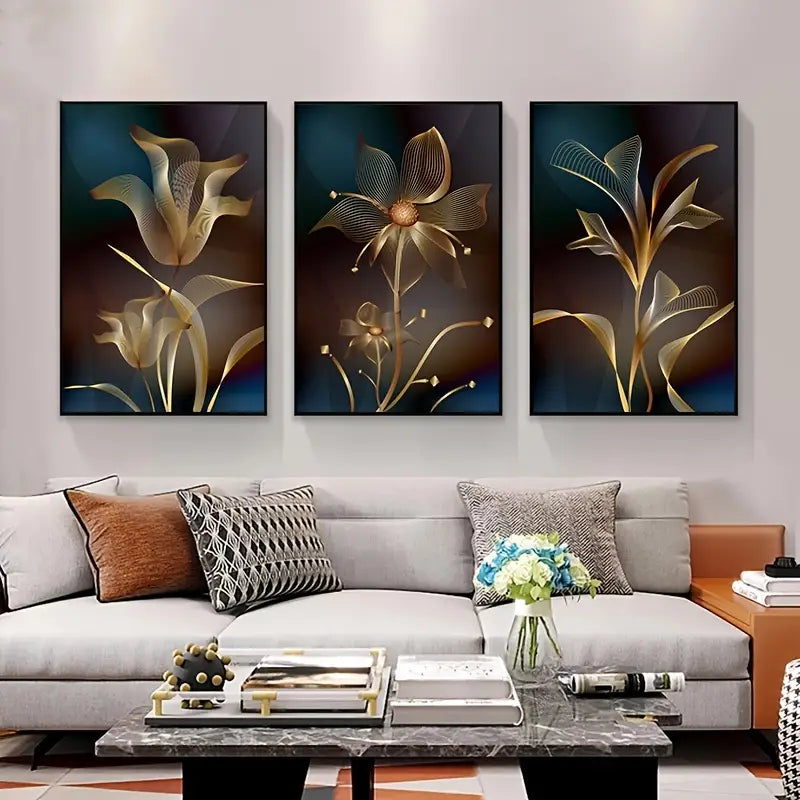 3pcs Set Abstract Black Golden Flower Canvas Art