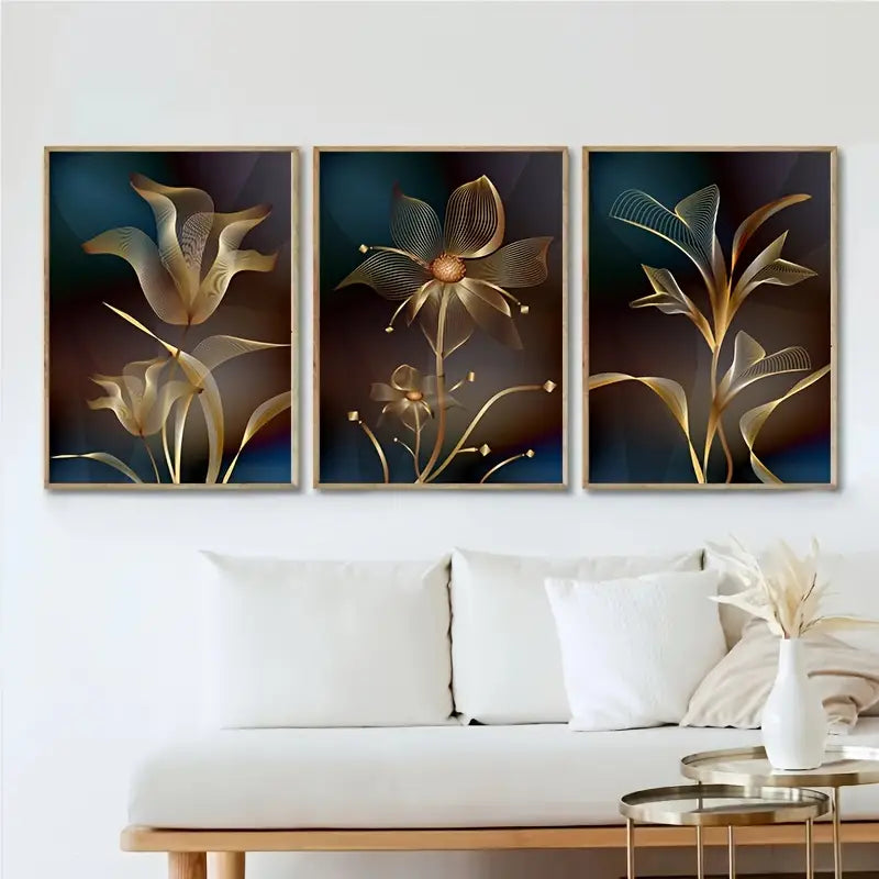 3pcs Set Abstract Black Golden Flower Canvas Art