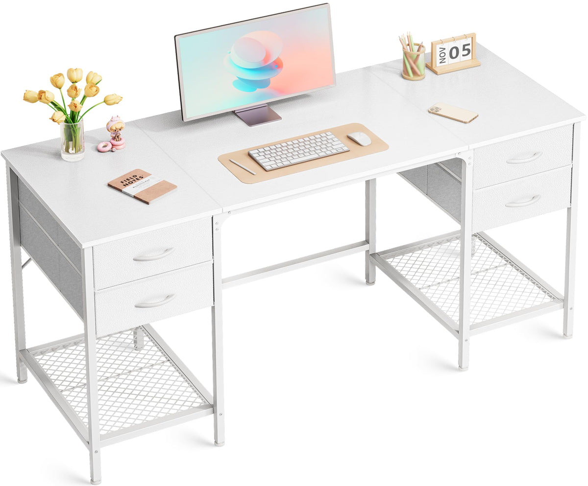 4-Drawer Office Desk with Mesh Shelf - White