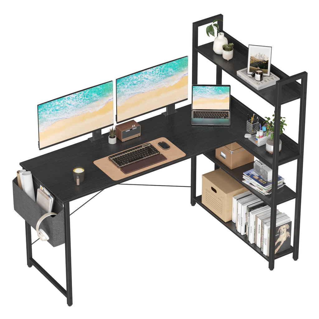 Corner Desk with Bookshelf - Black