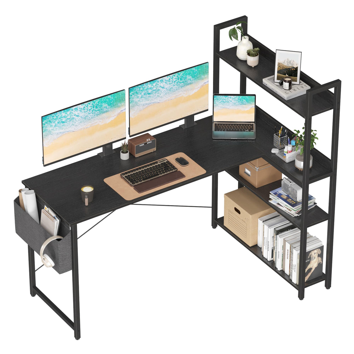 Corner Desk with Bookshelf - Black