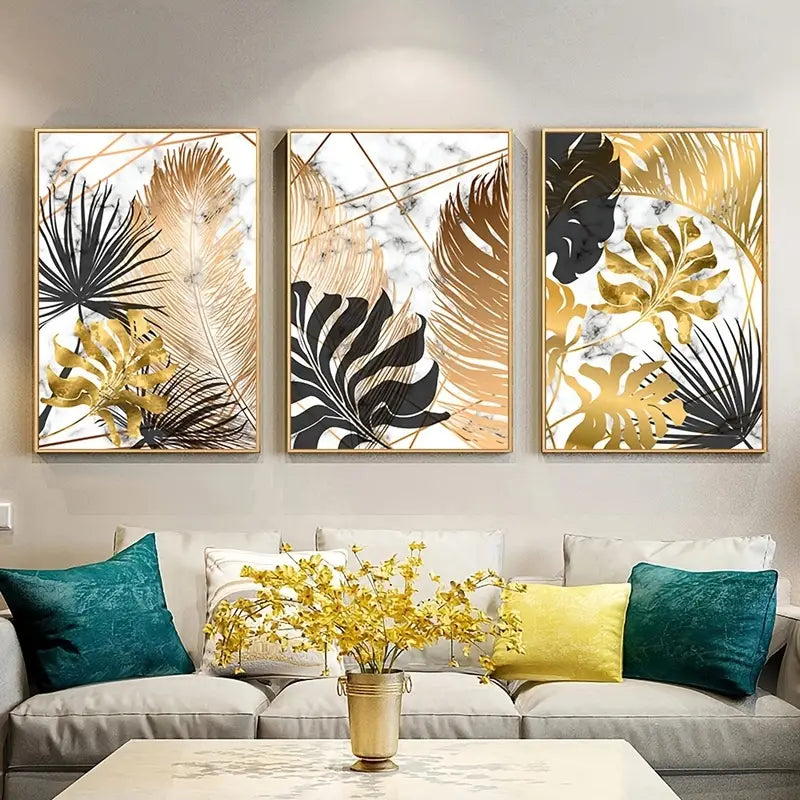 3pcs Frameless Nordic Golden Leaf Canvas Art Set