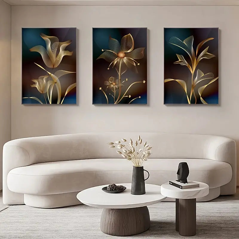 3pcs Set Abstract Black Golden Flower Canvas Art
