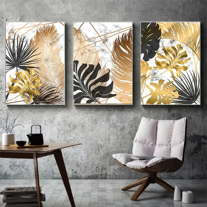 3pcs Frameless Nordic Golden Leaf Canvas Art Set